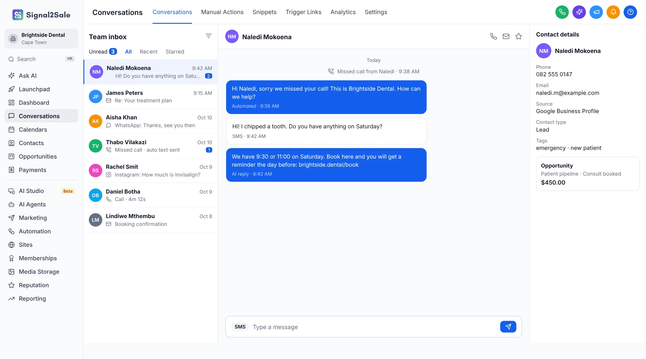 Signal2Sale app with example data from a demo account