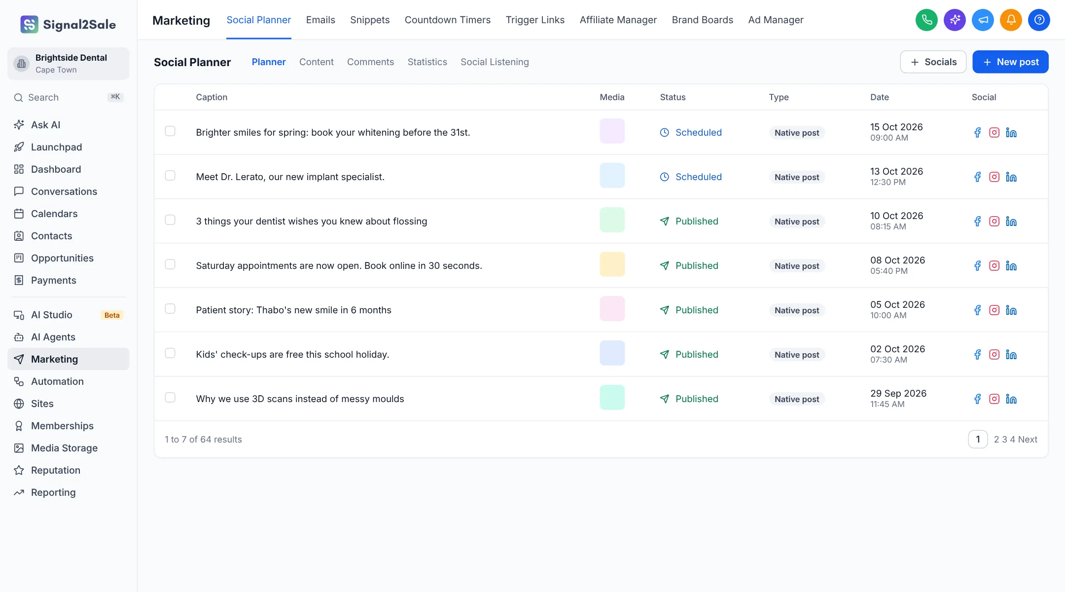 Signal2Sale social planner with scheduled and published posts across Facebook, Instagram and LinkedIn
