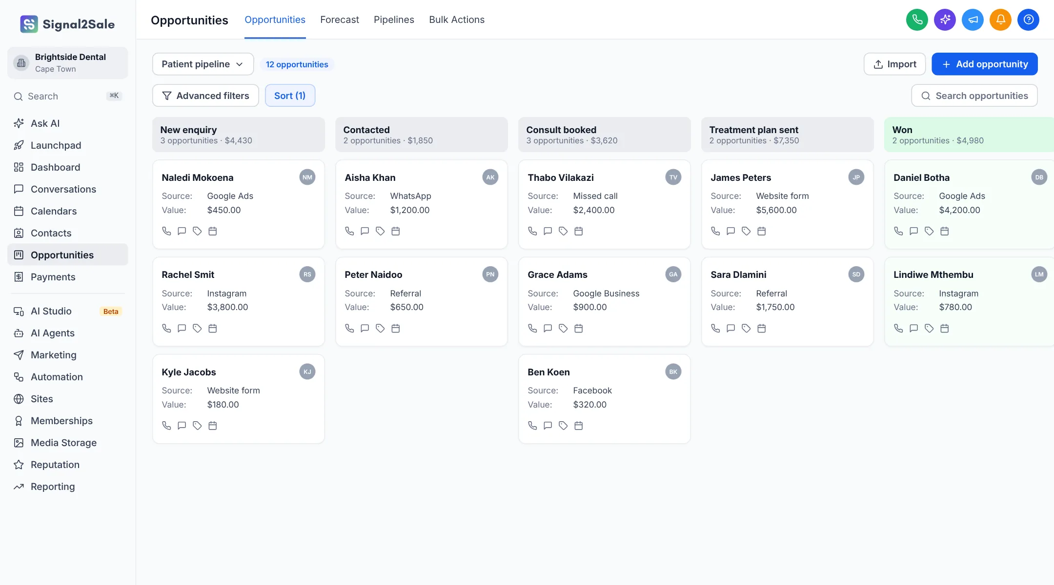 Signal2Sale app with example data from a demo account