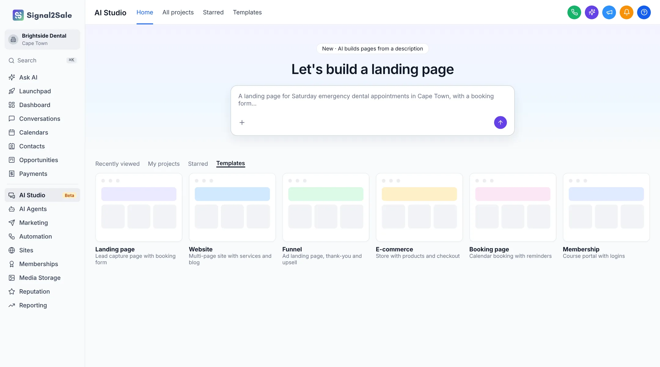 Signal2Sale AI Studio for building landing pages, websites and e-commerce stores